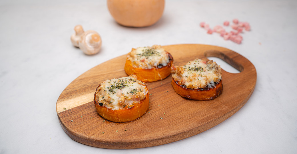 Mini pizzes de carabassa amb xampinyons i bacó