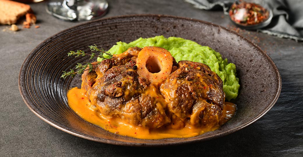 Ossobuco de vedella guisat amb puré de verdures